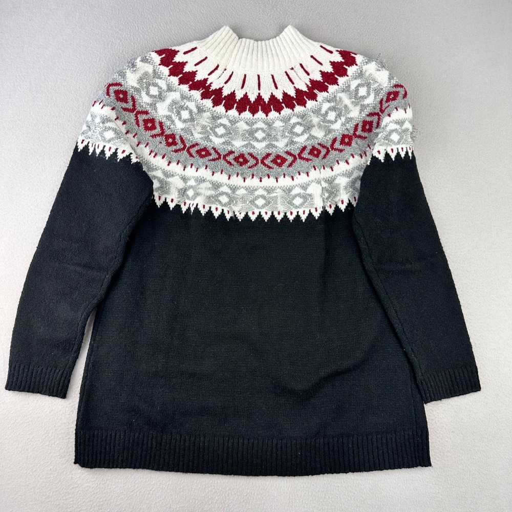 J.Jill Sweater Women M Black Red Nordic Pullover Fair Isle Mock Neck Holiday - Picture 3 of 8